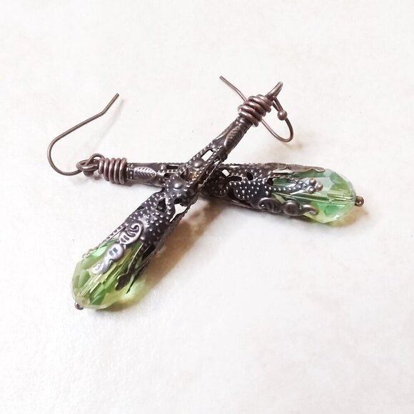 Extra Long! Fall!!! Extra Gorgeous! Copper Filigree & Green Glass Danglers! - Picture 1 of 7